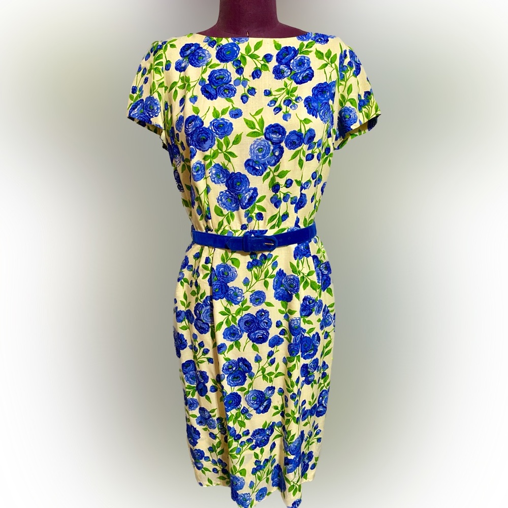 1950s/60s Blue Floral Vintage Knee Length Dress